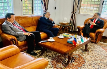 Amb. Abhishek Singh received Mr. Carlos Fernandez, President of premier business chamber of Venezuela 'Fedecamaras' to discuss promotion of bilateral trade across sectors. Amb. Singh pushed for opening up new avenues for Indian exports and involving chambers of commerce.